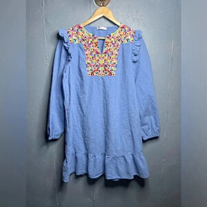 KIRUNDO Women's blue with embrodiey
Mini Dress V Neck Bohemia Dress sz L